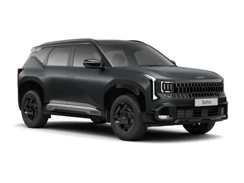 Front three-quarter view of black Kia Seltos X-Line SUV with sporty stance and LED headlights